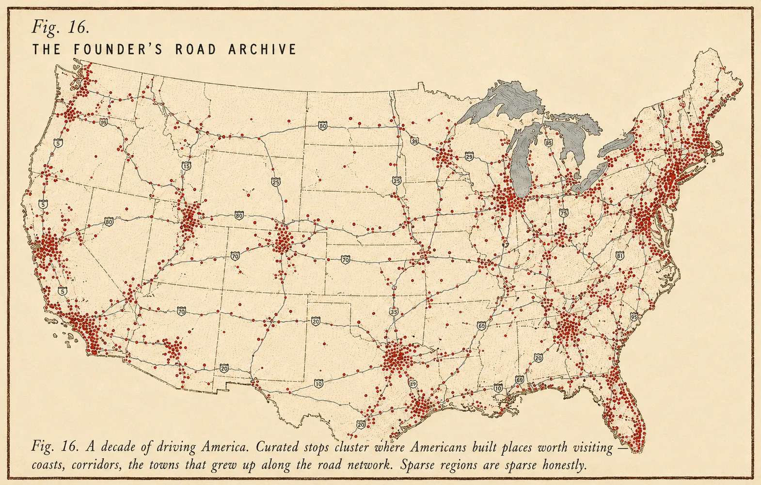 Fig. 16: A painted map of the continental United States in Albers projection. Rust-red dots cluster densely along the coasts and major corridors, sparse in Wyoming, central Nevada, and parts of Kansas. The interstate network underlays in muted blue-grey.