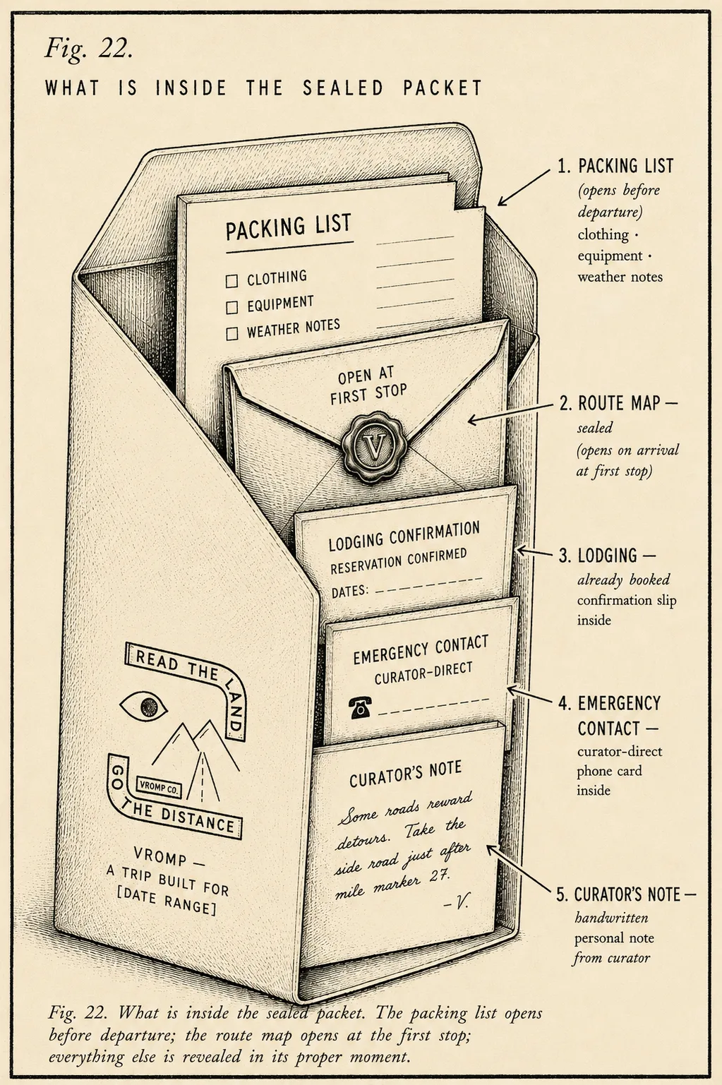 Fig. 22: A pen-and-ink cutaway diagram of the Vromp packet, partially opened. Inside: a cover with the Vromp Co. seal, a packing list (opens before departure), a route map sealed in a smaller envelope marked 'open at first stop', a lodging confirmation slip, an emergency contact card, and a handwritten curator's note.